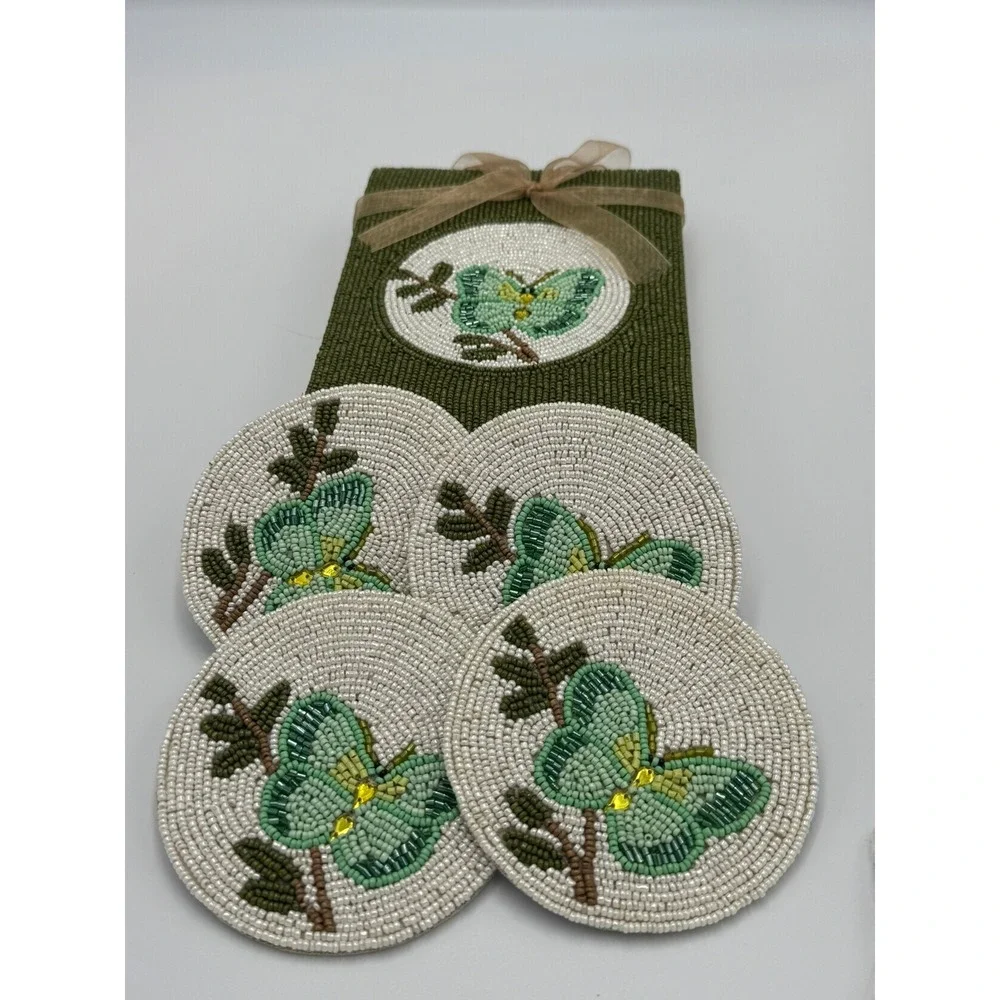 Green Butterfly Hand Beaded Coaster Set of 4 with Matching Beaded Storage Box